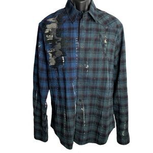 Krush Western Embroidered Button Up Shirt XL Blue Plaid Paint Pocket Long Sleeve